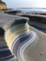 Striking natural formations showcase layered sand and rock structures along the coastline, perfect for use in travel, nature articles, or as a serene background for creative projects,
