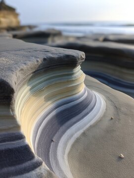 Striking natural formations showcase layered sand and rock structures along the coastline, perfect for use in travel, nature articles, or as a serene background for creative projects,