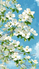 Vibrant depiction of dogwood blossoms against a bright blue sky, showcasing delicate petals and fresh green leaves