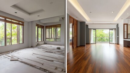 Obraz premium Interior renovation progress comparison, showing a simple room transformation with ambient lighting.
