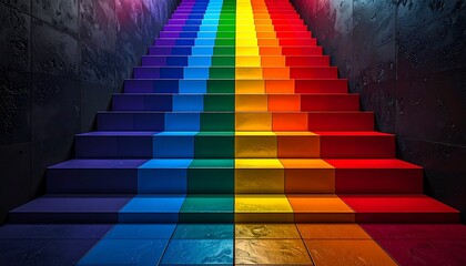 Camera moving upwards following the rainbow stairs leading to the top; surreal fantasy staircase with vibrant colors, cinematic perspective, and dramatic lighting