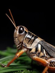 A close-up of a grasshopper perched on vibrant green grass showcases intricate details of its body and antennae, ideal for educational content, nature studies, or insect-related articles,