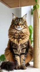 Fluffy Maine Coon cat sits regal on a cat tree