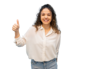 Smiling businesswoman showing thumbs up gesture, expressing approval and satisfaction on a transparent background