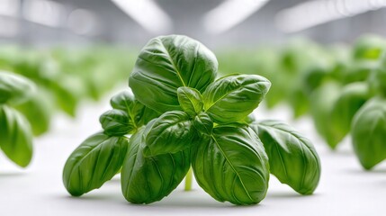 Lush, vibrant basil plant thriving in a greenhouse setting, ideal for culinary projects, gardening articles, or organic product promotions, Captures freshness and growth in green horticulture,