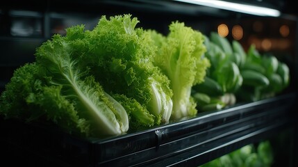 Fresh green lettuce varieties showcased in a well-lit refrigerated display, ideal for use in health-related articles, restaurant menus, or grocery store promotions