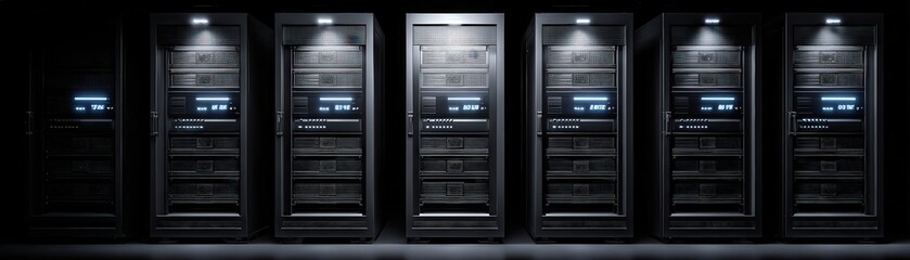 A sleek row of modern server racks with illuminated displays in a dark environment, ideal for illustrating data centers, technology, networking