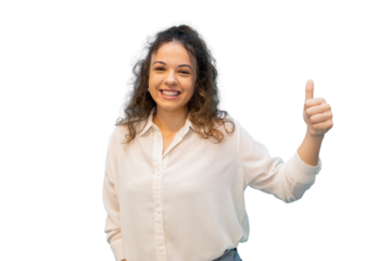 Young businesswoman smiling and showing thumbs up gesture, isolated on transparent background, perfect for easy integration into projects