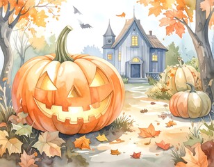 Autumnal jack-o'-lantern scene with a quaint house