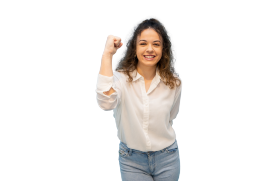 Jubilant female pumping fist, celebrating success with energetic gesture against clean isolated backdrop