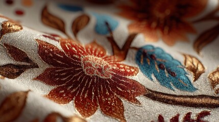 Elegant floral pattern embroidered on fabric, soft texture with vibrant colours