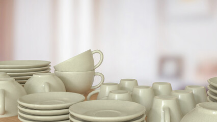 The Ceramic kitchen ware on wood table for food concept 3d Rendering.