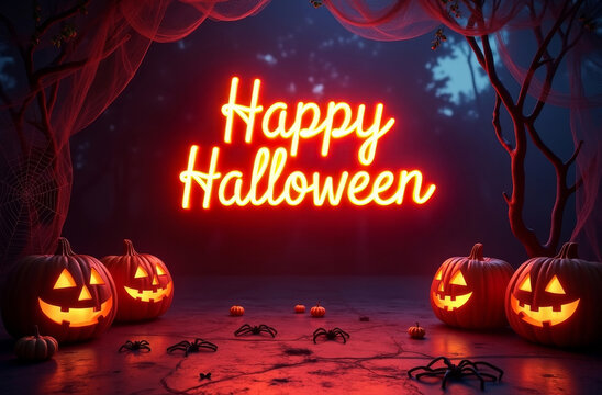 Halloween greeting card with pumpkins and neon text. Festive postcard design for holiday. Happy Halloween sign with glowing pumpkins.