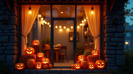 Obraz premium Halloween cafe facade with pumpkins and lights. Spooky night restaurant with festive design. Autumn holiday shop.