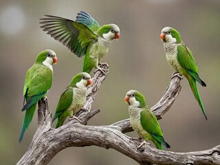 Parrot family on branch, green parrots, cute animal friends, wild birds, nature photography.