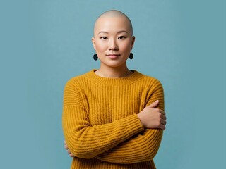 A serene and confident portrait of a bald Asian woman with her arms crossed. This image represents themes of empowerment, diversity, and inner strength in a unique and modern way.