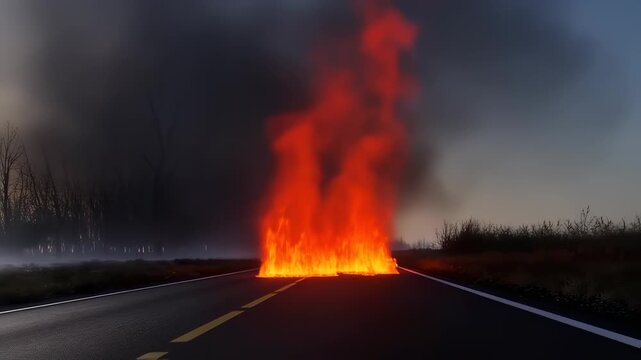 inferno on the asphalt: intense flames devour a desolate road under a sky of smoke and twilight, a surreal landscape unfolds