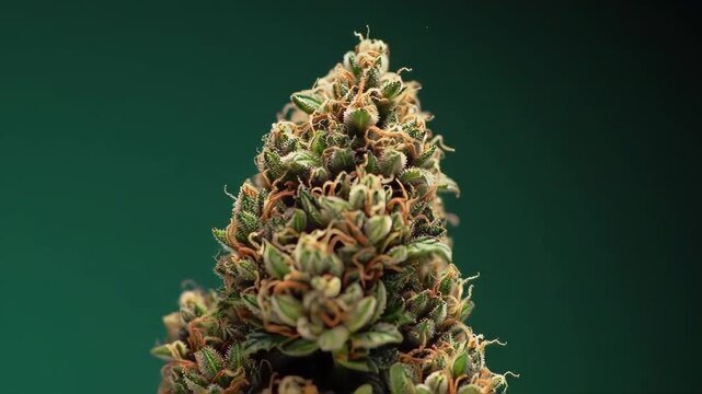 Close-up of cannabis bud. Growing of plant. Green background. Medical or recreational purposes