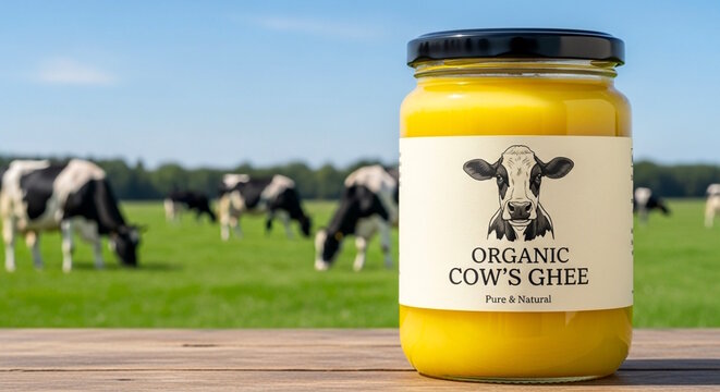 pure and natural organic Indian Desi cow ghee or clarified butter in bottle jar with label in cow field natural background