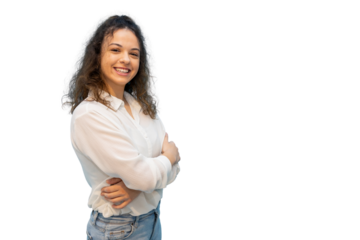 Professional businesswoman standing confidently, arms crossed, radiating success against transparent backdrop