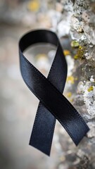 Close-up of a black ribbon on a textured tree trunk