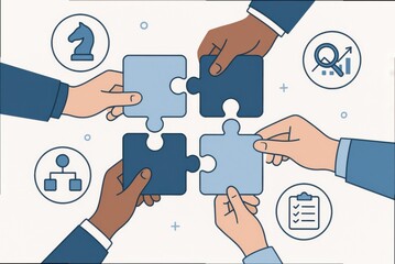 Diverse Hands Assembling Puzzle Pieces Representing Collaboration and Strategy in Business