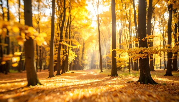 Golden autumn forest path. Sunlight streams through vibrant yellow leaves