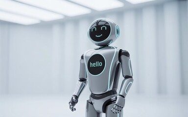 Modern AI companion robot with glossy surfaces, LED lights, and a joyful digital face