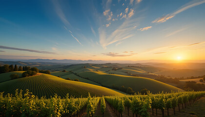 Panoramic view of rolling hills covered in vineyards at sunrise.