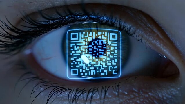 Close-Up of Human Eye Reflecting Blue QR Code on Cornea in Low Light - Powered by Adobe