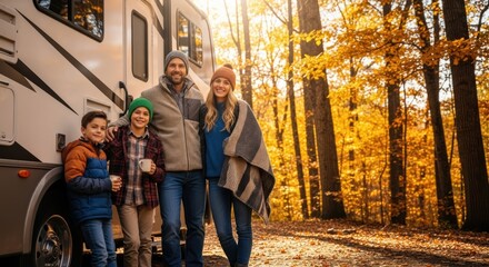 A family stands in front of an rv in an autumn forest with yellow leaves and bright sunlight shining through