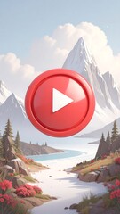 Play button graphic, red circle, snowy mountains, landscape