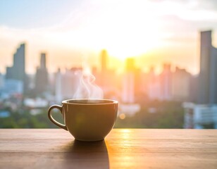 Warm cup of coffee on a table overlooking a city sunrise
