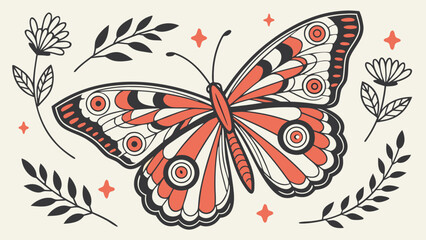 Fototapeta premium Beautiful butterfly illustration with floral elements and stars vector design nature insect art drawing 100