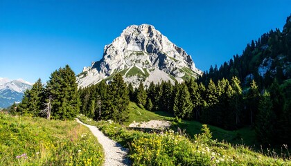 Mountain peak dominates a sunny vista, a trail winds through wildflowers and pine forests at its base