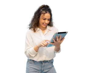 Professional businesswoman using digital tablet, interacting with technology, standing against transparent background