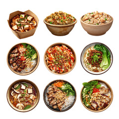 A vibrant collage of delicious Asian dishes in bowls, showcasing rich flavors. Asian Food isolated on white background, Transparent Background