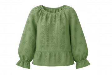 Green blouse displaying intricate floral embroidery, photographed in studio setting against transparent backdrop, highlighting fashion design details