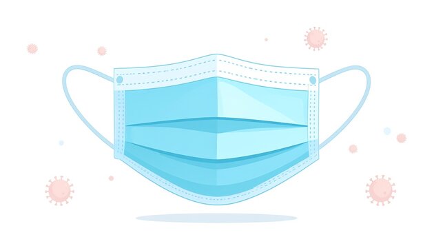 Light-blue face mask graphic, simple design, with small pink virus-like particles scattered around