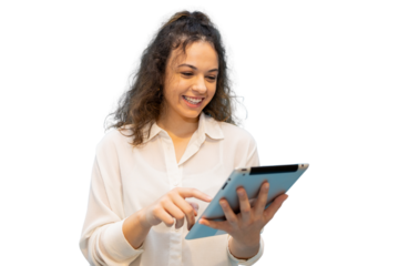 Cheerful businesswoman using digital tablet with transparent background, enjoying mobile technology for business