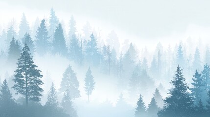 Obraz premium A misty forest landscape with tall evergreen trees. The scene is shrouded in fog, creating a serene and tranquil atmosphere.