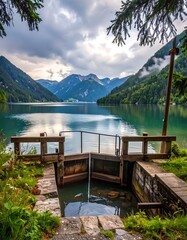 Serene lake vista, wooden lock gate