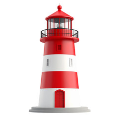 Red and white striped lighthouse for marine navigation, isolated on transparant background