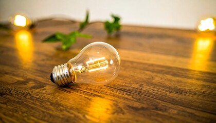 Warm light bulb on wooden surface