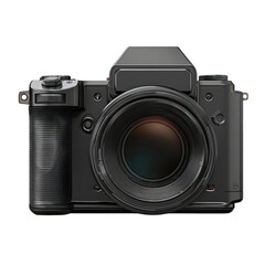 Front view of a modern, matte black digital camera with a large lens