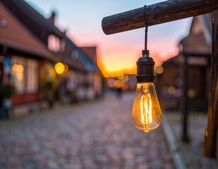 Warm sunset illuminates a cobblestone street with a vintage lightbulb