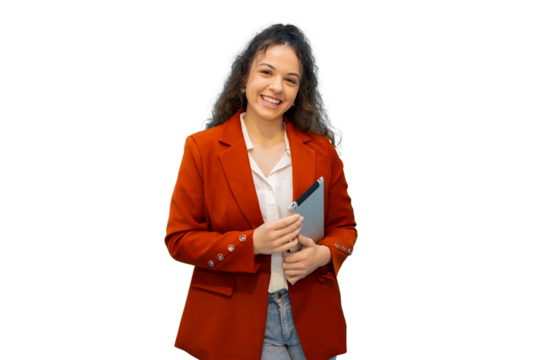 Confident businesswoman working on tablet, smiling professionally in bright studio setting with clean transparent backdrop
