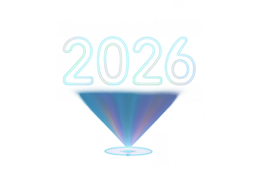 Hologram projector creating 2026 neon sign on transparent background