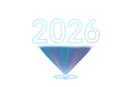 Hologram projector creating 2026 neon sign on transparent background