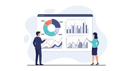 Flat illustration of business professionals analyzing pie charts, bar graphs, and line charts on a large digital screen, discussing data insights, strategy, and corporate performance for growth